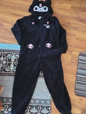 LAST CHANCE Sanrio Black Plush Hooded One-Piece with Pink Skull Accents
